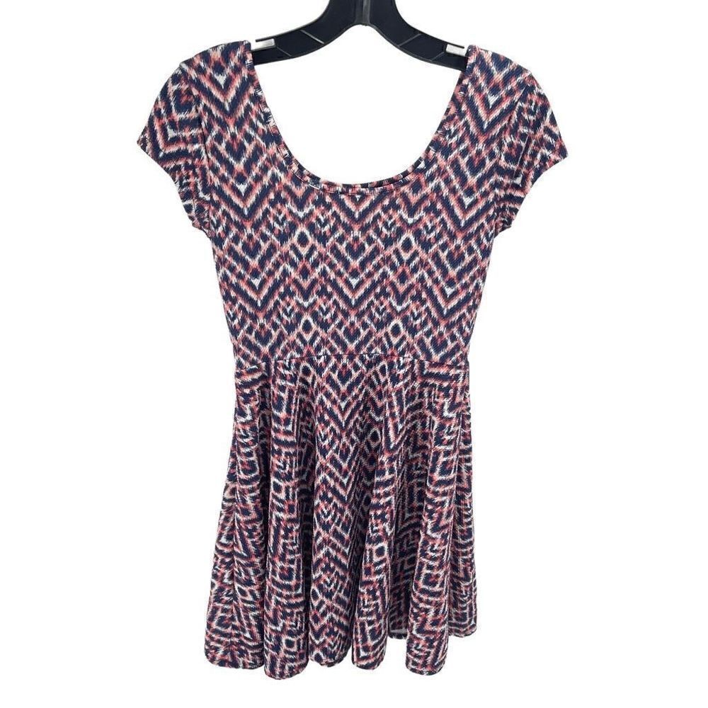 Aeropostale Womens Fit Flare Dress Stretch Geometric Blue Pink Size Small